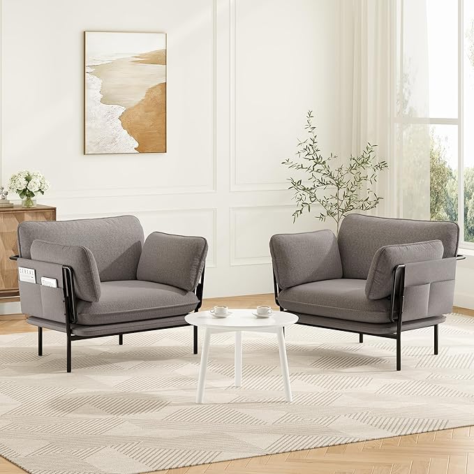 Modern Accent Chairs Set of 2 Oversized Living Room Chairs Reading Chair with Solid Metal Legs Fabric Armchair with Side Pockets and 2 Pillows Accent Chairs for Bedroom Nursery Khaki