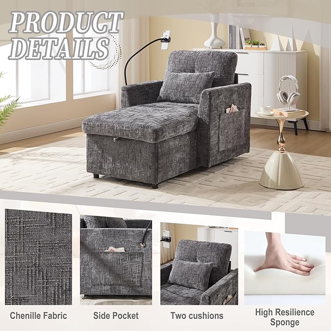 Multifunctional Sofa Recliner Chairs with Storage Cell Phone Bracket Chenille Recliner Chair Bed with Side Pockets and High Backrest Modern Living Room Single Lounge Chair (Gray)