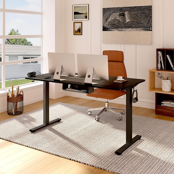 FLEXISPOT EN2 Whole-Piece Standing Desk with Clamp Power Strip 40 x 24'' Electric Stand Up Height Adjustable Desk with Cable Management (Black Frame + 40 Black Top)