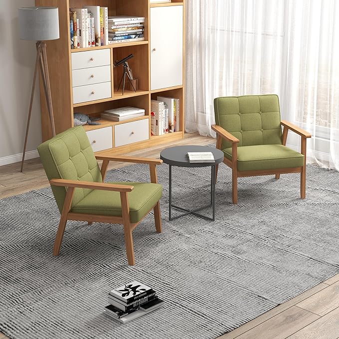KCC Mid-Century Modern Linen Fabric Accent Chair Upholstered Tufted Leisure Chair Comfy Reading Side Chair with Armrest and Solid Wood Frame for Living Room Bedroom Balcony(Green)