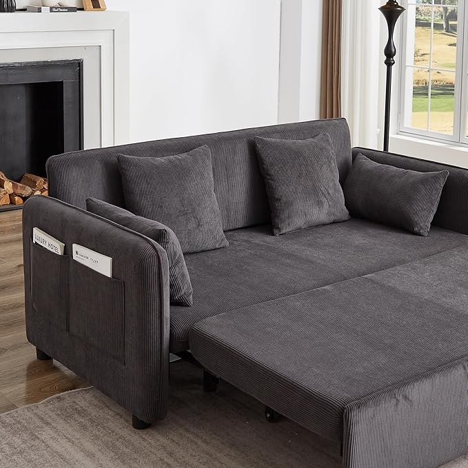 Ball &amp Cast 66 Convertible Sofa Bed3-in-1 Corduroy Loveseat Sleeper Pull Out Couch Bed with Pillows and Side Pockets Deep Seat Comfy Sofa Couches for Living RoomApartmentDark Grey