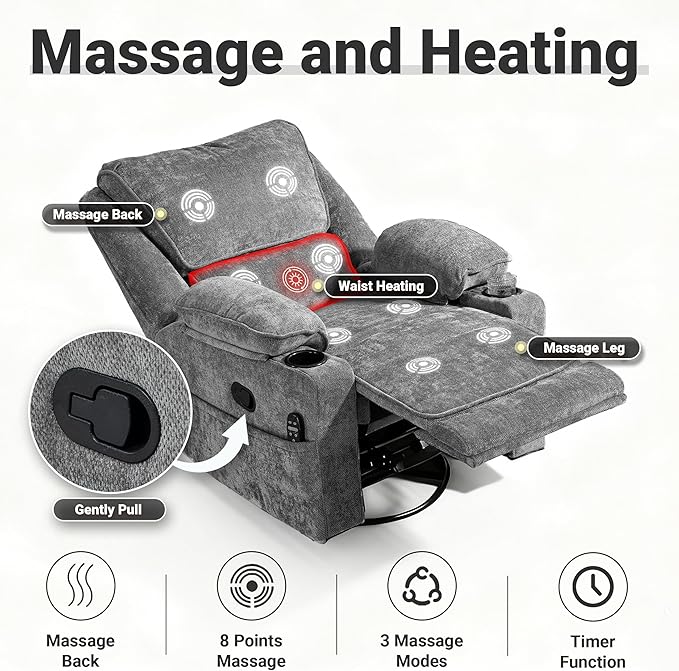 360° Swivel Rocking Recliner Multi-Functional Chair with Heating Massage Functions Equipped with Remote Control Cup Holder Suitable for Living Room &amp Bedroom Use Chenille Fabric