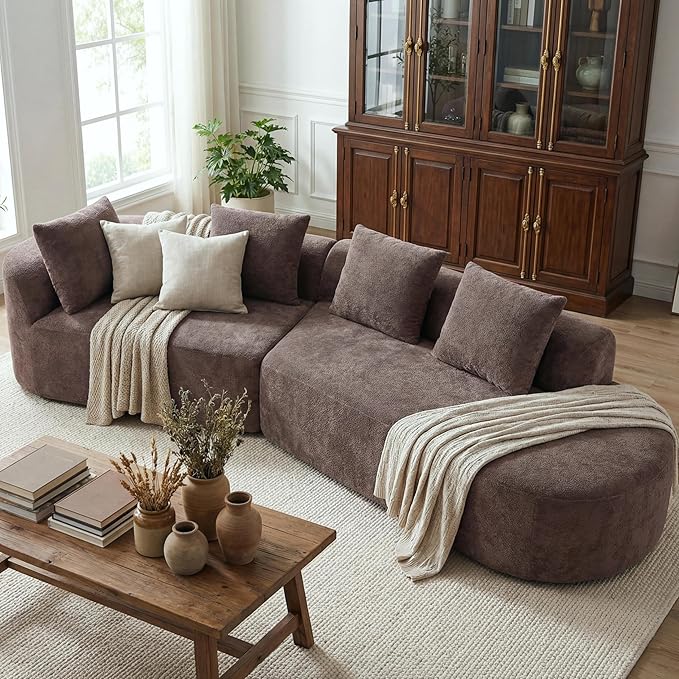 Merax 2-Piece 116 L-Shaped Modular Sectional Sofa Set 4 Seat Fully Assembled Curved Upholstery Couch with High-Density Compressed Sponge Chaise Lounge &amp 4 Pillows for Living Room Brown