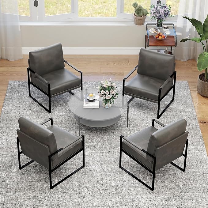 INZOY Mid Century Modern Accent Chair with Removable Cushions Set of 4 Comfy PU Leather Living Room Chairs with Thicker Backrest and Cushion Metal Frame Design Dark Grey