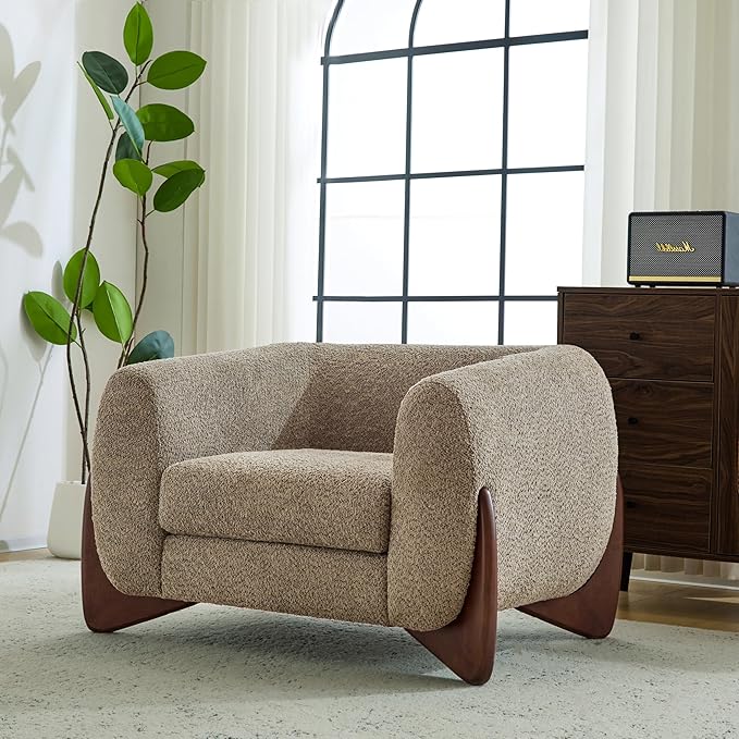 Christopher Knight Home Holly Modern Boucle Fabric Upholstered Club Chair for Living Room Home Office Apartment Relaxing Chair with Removable Cushion and Birch Wood Legs Light Brown