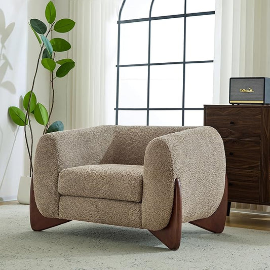 Christopher Knight Home Holly Modern Boucle Fabric Upholstered Club Chair for Living Room Home Office Apartment Relaxing Chair with Removable Cushion and Birch Wood Legs Light Brown