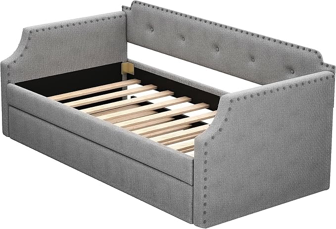 Flieks Twin Upholstered Daybed Linen Fabric Upholstered Tufted Sofa Bed with TrundleSofa Bed Trundle Daybed with Wood FrameGray