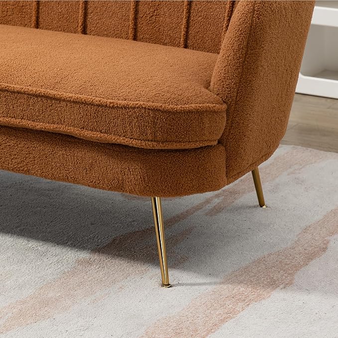 Modern Boucle Loveseat CouchFuton Small Sofa with Gold Metal Legs 2-Seater Upholstered Mini Sofa Couches for Small SpaceLiving Room Bedroom Office Dorm Studio Apartment Love Seat Couche(Brown)