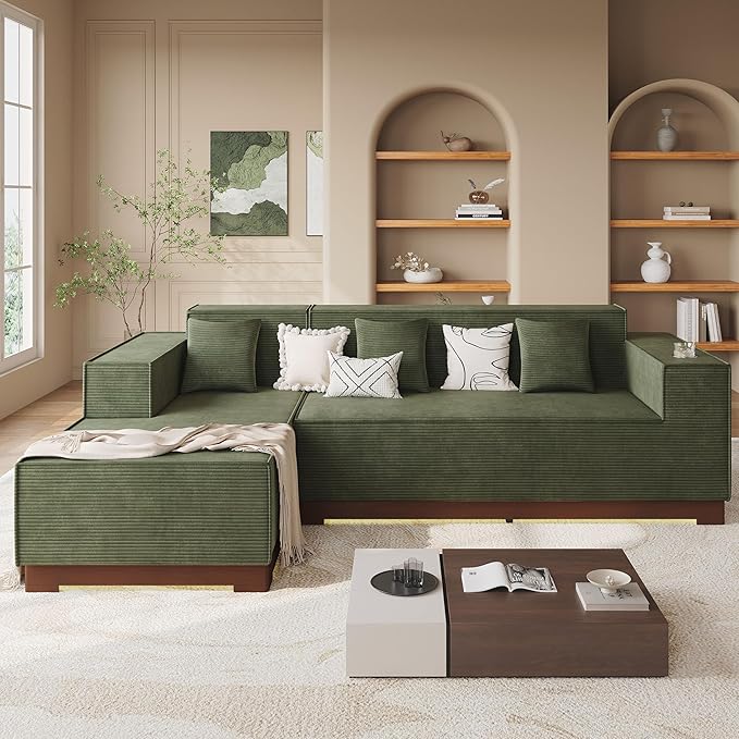 LIKIMIO 110 Inch L-Shape Sofa with LED Lights Boneless Couch with Oversized Chaise Deep Seat Built-in Holder &amp Storage Pocket Upholstered Couches for Living Room and Apartment Green
