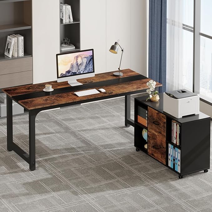 Tribesigns 70.8 L-Shaped Executive Office Desk with Drawer Cabinet Large L-Shaped Computer Desk with 39.4 File Cabinet Printer Stand Home Office Workstation Business Furniture Set Brown/Black