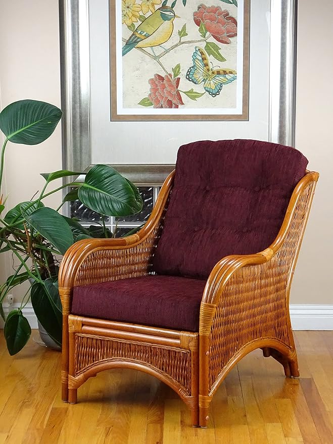 Wickerix Jam Lounge Living Accent Armchair Colonial Color Natural Rattan Wicker Handmade Design with Dark Brown Cushion