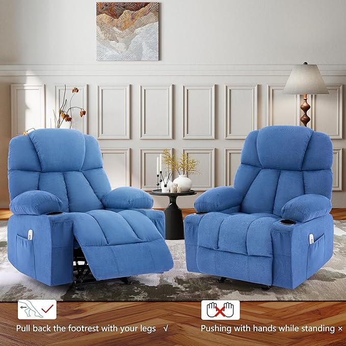 Manual Recliner Chair Rocker Recliner with Vibration Massage &amp Heat Ergonomic Reclining Fabric Living Room Chairs for Bedroom Nursery Single Sofa with 4 Pockets 2 Cup Holders Blue