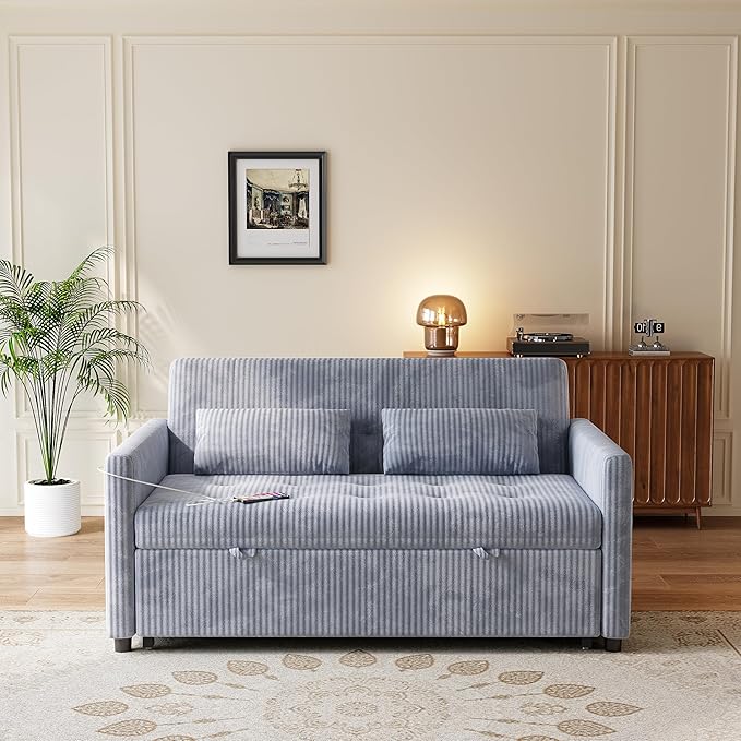 Sofa Bed Loveseat 3-in-1 Sleeper Sofa with Pull Out Bed Pockets and USB Modern 2 Seater Convertible Small Couch for Living Room Bedroom Apartment (Gray Corduroy)