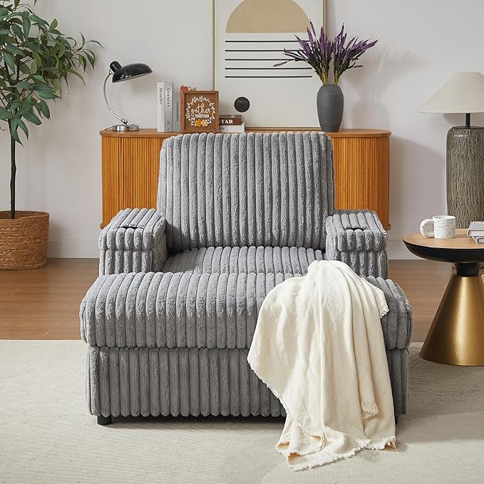 42.5 W Chaise Lounge Chair Indoor Oversized Corduroy Sleeper Chair with Wood Frame Upholstered Sofa Bed with Storage Ottoman &amp Armrest 2 Cupholders for Living Room Movie Room Bedroom