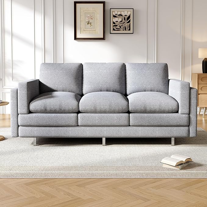 Christopher Knight Home Vincenzo 3 Seater Couch Chenille Upholstered Sofa Chair Metal Legs Couch Dual-Layer Cushions Armchair 79.5 Sectional Sofa Comfort Seating for Living Room Light Gray