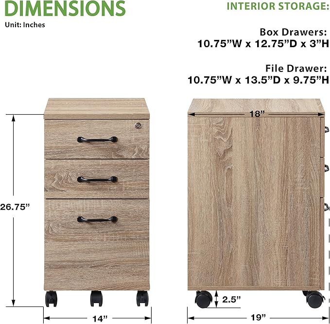 OSP Home Furnishings Ace 3-Drawer Mobile File Cabinet Full Extension Slides Key Lock System Rolling Casters 26.75x19x14 Inches River Oak Wood Finish