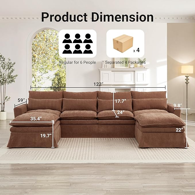 Sectional Couch Cover Couch Covers for U Shape Sofa Sofa Cover Washable Furniture Protector Cover for 122″ Cushion Couch Fabric Brown