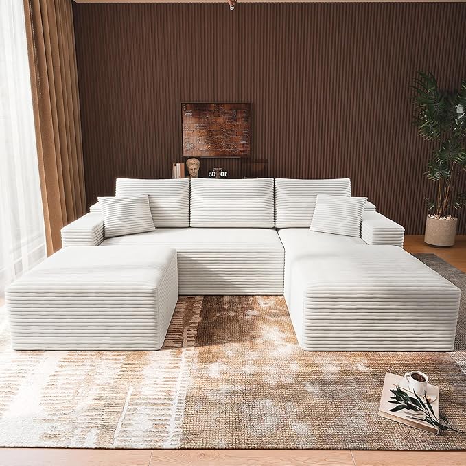3-Piece Boneless Modular Sectional Sofa Cloud Couch Right Facing Chaise with Ottoman Oversized Deep Seat Soft Corduroy Fabric Sectional Couch for Living Room-White