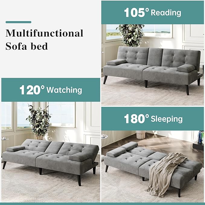 Meilocar 64 Futon Sofa Bed Convertible Loveseat with 2 Cup Holders Small Couch with 3 Adjustable Angles &amp Removable Armrest Sleeper Sofa for Apartment Office Dark Grey | small couch