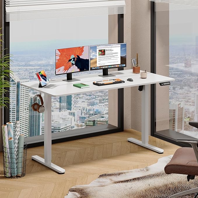 DEVAISE 55 x 28 Inches Electric Standing Desk Adjustable Height Stand up Desk 28 Deeper Desktop Sit to Stand Desk with 3 Memory Preset Adjustable Computer Desk for Home Office (White)