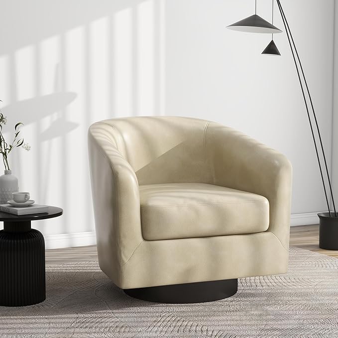 Swivel Barrel Accent Chair Modern Round Faux Leather Arm Chair for Living Room Bedroom Comfy Club Reading Chairs for Adults(Faux Leather Cream Set of 2)