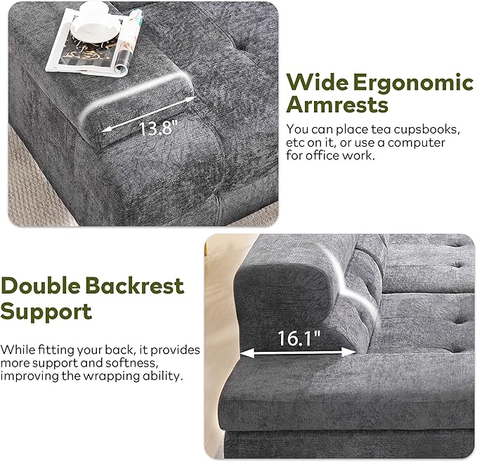 STHOUYN 134 Boneless Couch with Ottoman &amp Higher Backrest Modular Sectional Sofa for Living Room Corner Cloud U Shaped Couch (Grey 134 Inches)