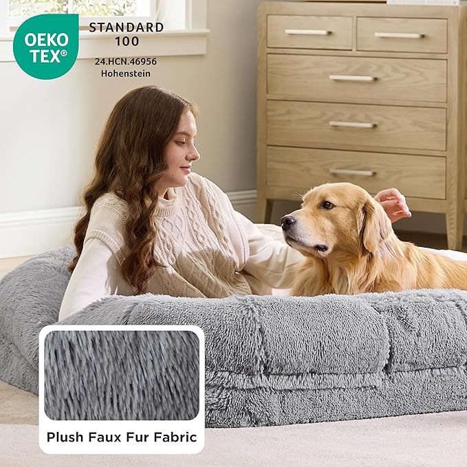 Bedsure Foldable Human Dog Bed -Giant Dog Bed for Adult People with Supportive Bolster Egg Foam Waterproof Liner Calming Fluffy Faux Fur Orthopedic Big Bean Bed Light Grey