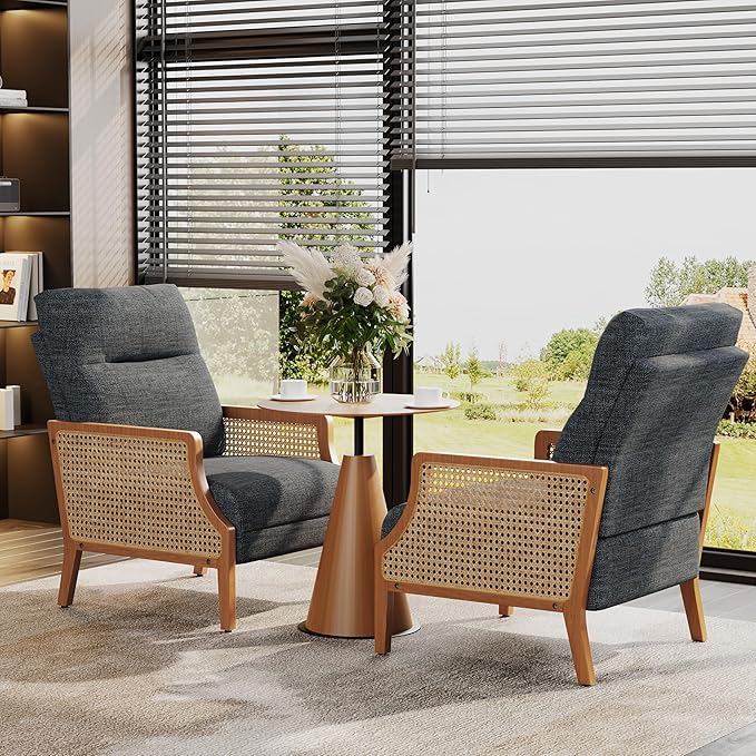 Aklaus Mid Century Accent Chair Set of 2 with Rattan Armrest Upholstered Living Room Chairs Lounge Fabric Reading Chairs Side Sitting Farmhouse Chair for Living Room Bedroom Balcony Grey