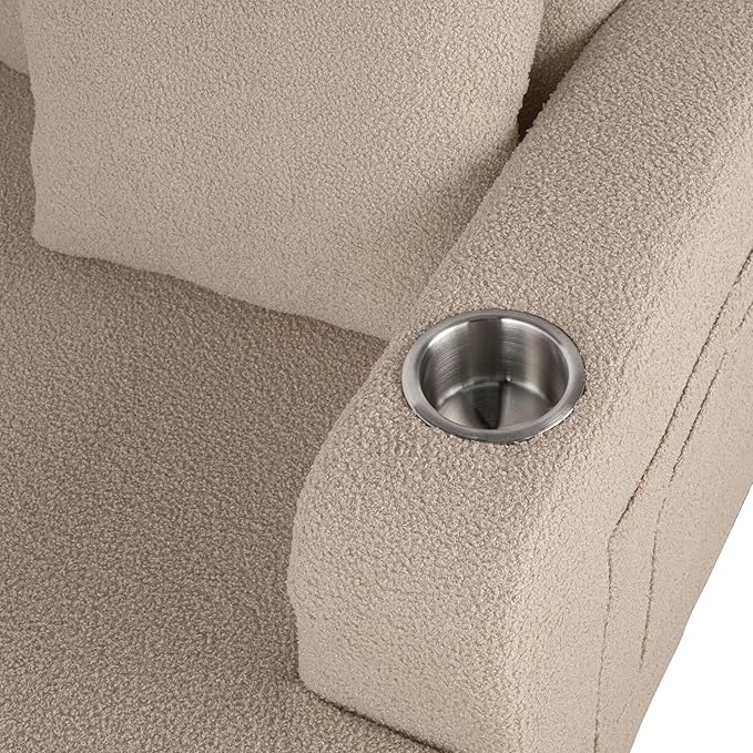 Homes: Inside + Out Reese Modern Plush Boucle Couch with Side Pockets Cup Holders and USB Ports Wooden Comfortable Sofa for Living Room Bedroom and Office Beige