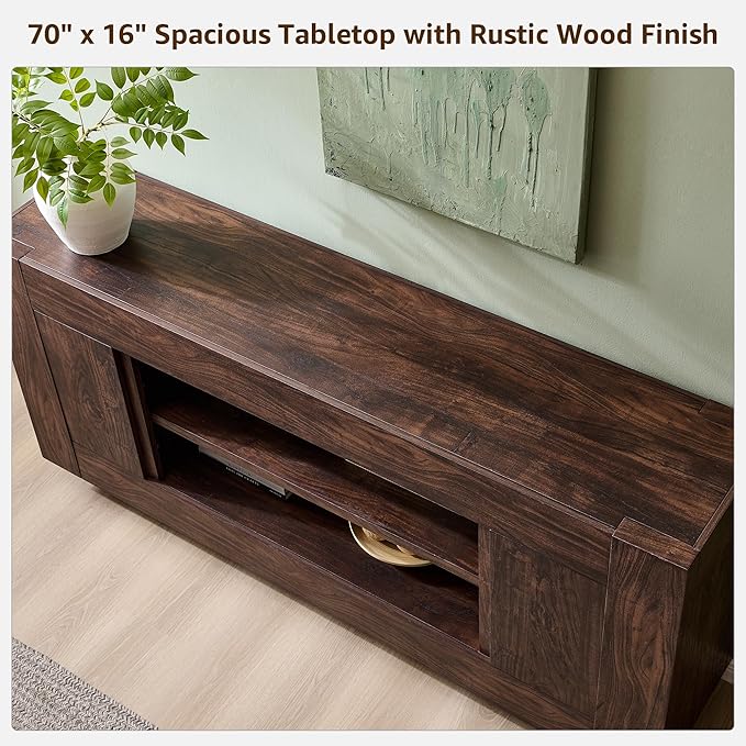 OKD Modern 70 TV Stand Entertainment Center for TVs Up to 80 Media Console with Large Open Storage &amp Side Cabinets Thick Wood Design for Living Room Dark Walnut