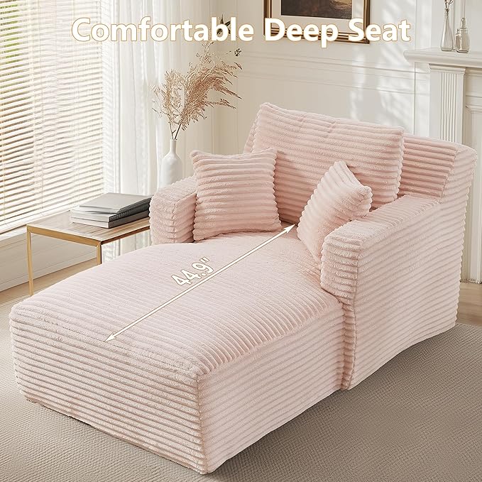 Oversized Chaise Lounge Chair Indoor Modern Corduroy Lounge Couch Comfy Upholstered Sleeper Sofa with Throw Pillows Fluffy Reading Chair Bed for Living Room Pink