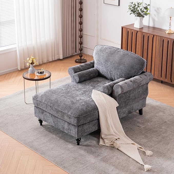 KEIKI Oversized Chaise Lounge Chenille Upholstered Single Sofa Couch BedLazy Sleeper Armchair for Living RoomBedroom