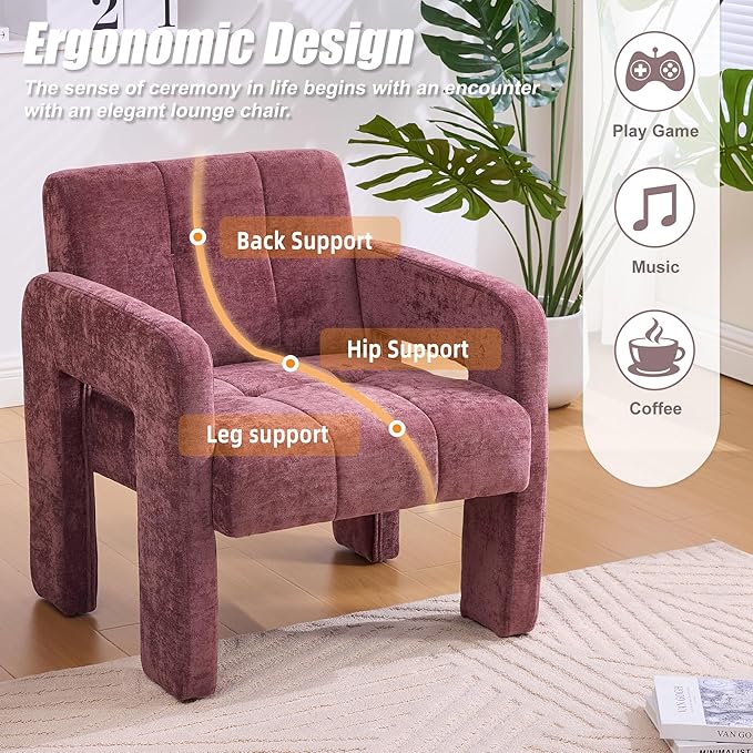 Upholstered Armchair Modern Accent Chair with Chenille Fabric for Living Room Comfortable Padded Single Seat Lounge Chair for Bedroom Office Reading Nook (Wine Red)