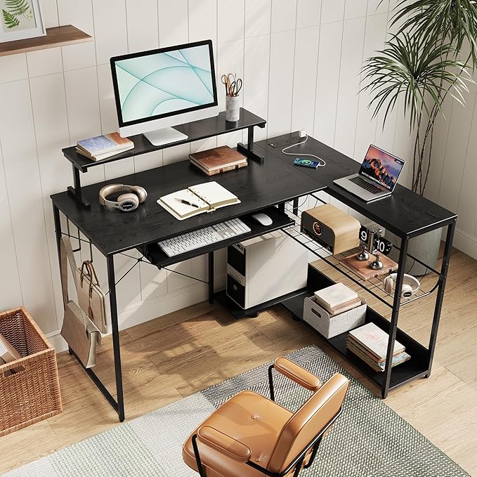 L Shaped Gaming Desk with Power Outlets &amp RGB Lights 46'' L- Shaped Desk Computer Corner Desk with Monitor Stand &amp Storage Shelf &amp Hook Home Office Desk Writing Desk Black