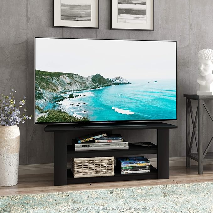 Furinno PARSONS TV Stand 3-Tier Entertainment Center with Storage Shelf Open Frame TV Console for TV up to 50 Inch for Living Room Bedroom Black