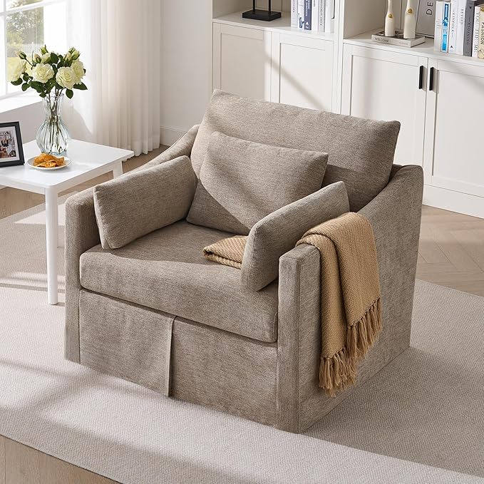 ONBRILL Accent Chair for Living Room Slipcovered Chair with 3 Throw Pillows Comfy Reading Chair Deep Seat Armchair w/Sloped Arms Modern Single Couch Sofa for Apartment Wheat