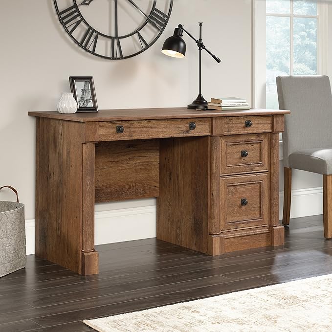 Sauder Palladia Computer Desk with Drawers Home Office Desk with File Cabinet Storage Drawer Cable Management Keyboard Tray in Vintage Oak finish