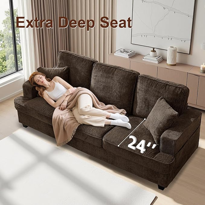 Sofa Couch for Living Room Modern Loveseat with Comfy Deep Seat Comfortable Mid-Century 3-Seater Couch for Bedroom Home Apartment Office Lounge Brown