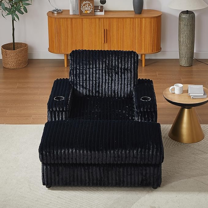 42.5 W Chaise Lounge Chair Indoor Oversized Corduroy Sleeper Chair with Wood Frame Upholstered Sofa Bed with Storage Ottoman &amp Armrest 2 Cupholders for Living Room Movie Room Bedroom