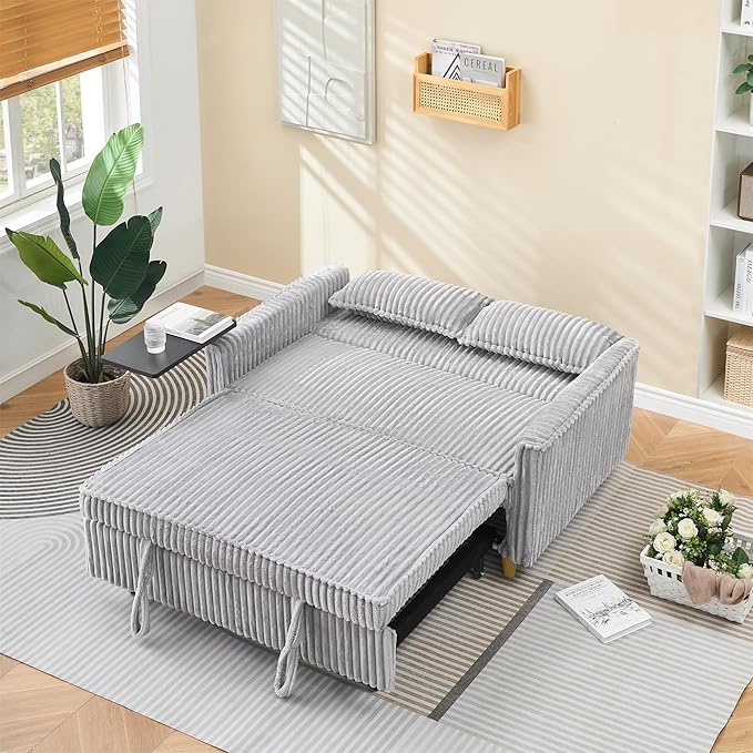 LUMISOL 3 in 1 Convertible Sleeper Sofa Bed 54 Loveseat Sofa with Pull Out Bed Corduroy Loveseat Futon Couch Bed with Side Table &amp USB Ports for Living Room Apartment Gray