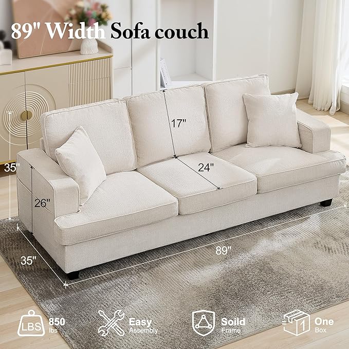3 Seater Sofa Couch 89 Couches for Living Room with Deep Seats Mid Century Modern Chenille Sofa with Armrests Comfy Sofas for Living Room Bedroom Apartment Office Beige