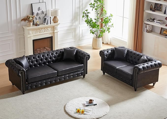 Mid Century Modern Loveseat Sofa 63.5W High-tech Fabric Button Tufted Small Couch with Nailhead Trim &amp Roll Armrest Upholstered Comfy Chesterfield Sofa for Living Room Office(2 Seater Black)