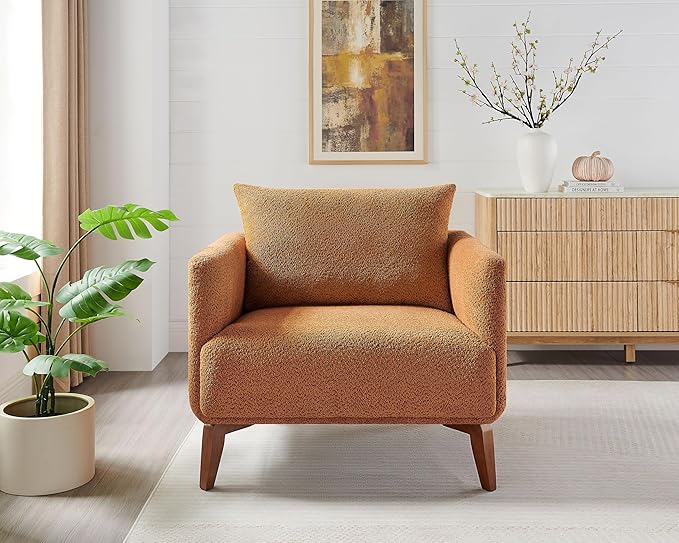 Oversized Accent Chair 37 Wide Boucle Armchair with Solid Wood Legs Upholstered Lounge Chair for Bedroom Office Modern Accent Chair for Living Room Cozy Reading Chair Easy Assembly Curry