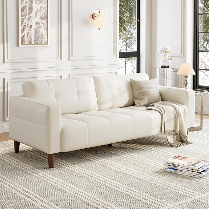 IDEALHOUSE 3-Seater Sofa Couch 83 in Wide Faux Leather Sofa Couch with Spring Cushion Modern Sofa with Deep Seats and 2 Removable Back Cushions for Living Room Bedroom Apartment Office Beige