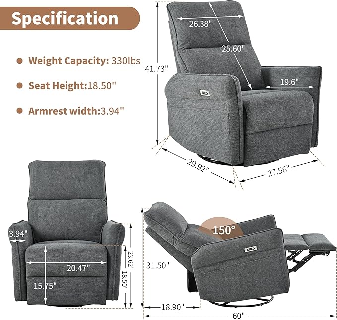 270° Power Swivel Rocker Recliner Chair for Adults – Electric Reclining Small Sofa Chair with Smooth Rocking &amp Rotation Comfortable Single Recliner for Living Room Bedroom (Dark Gray)