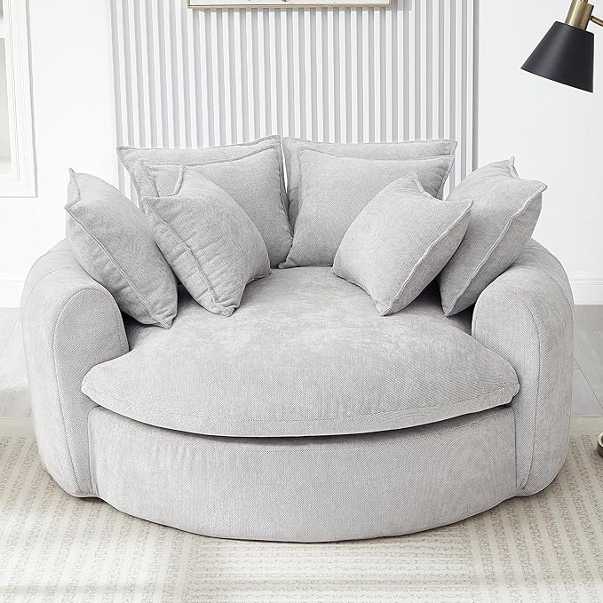 Merax 59.8 Full-Compressed Round Chaise Sofa Boneless Loaf Style Chenille Upholstered Sofa Bed with 8 Throw Pillows for Living Room Light Grey