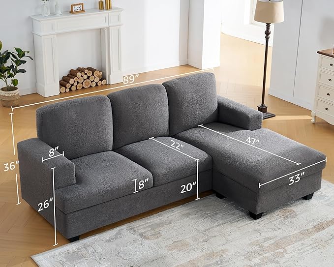 VanAcc 89 Inch Convertible L Shape Couch Reversible Sofa Couch with Storage Comfy Couches with Chaise for Living Room Grey Bouclé