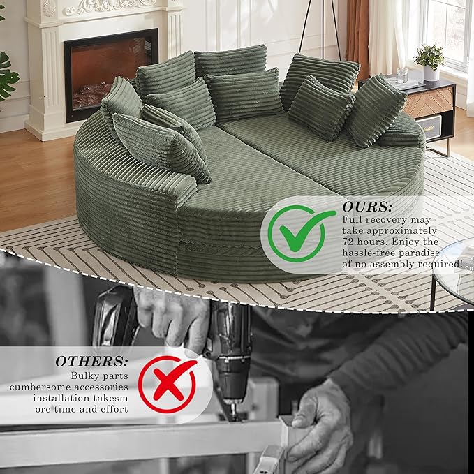 78.5 Corduroy Boneless Round Oversized Sofa Converts into Two Recliners 2-in-1 Sofa Bed Convertible Lounge Chair Neck Pillow Design with Five Throw Pillows (Green Full Circular Sofa)