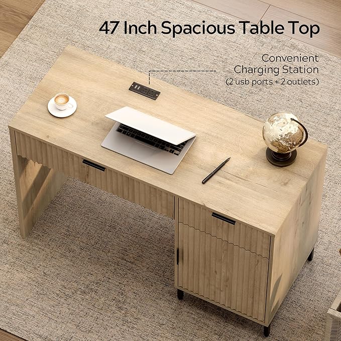 47 Home Office Desk with Fluted Drawers Wood Exectuive Desk with Storage Cabinet Charging Station Metal Legs Modern Farmhouse Computer Desk for Work Study Light Oak