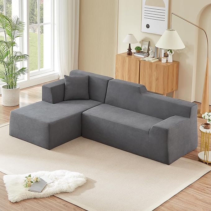 KEIKI 96 L-Shaped Corduroy Modular Sectional Sofa with Left Chaise Lounge &amp High Back &amp High Resilience Cushion Modern Oversized Convertible 3-Seater Couch Easy Assembly for Living Room D